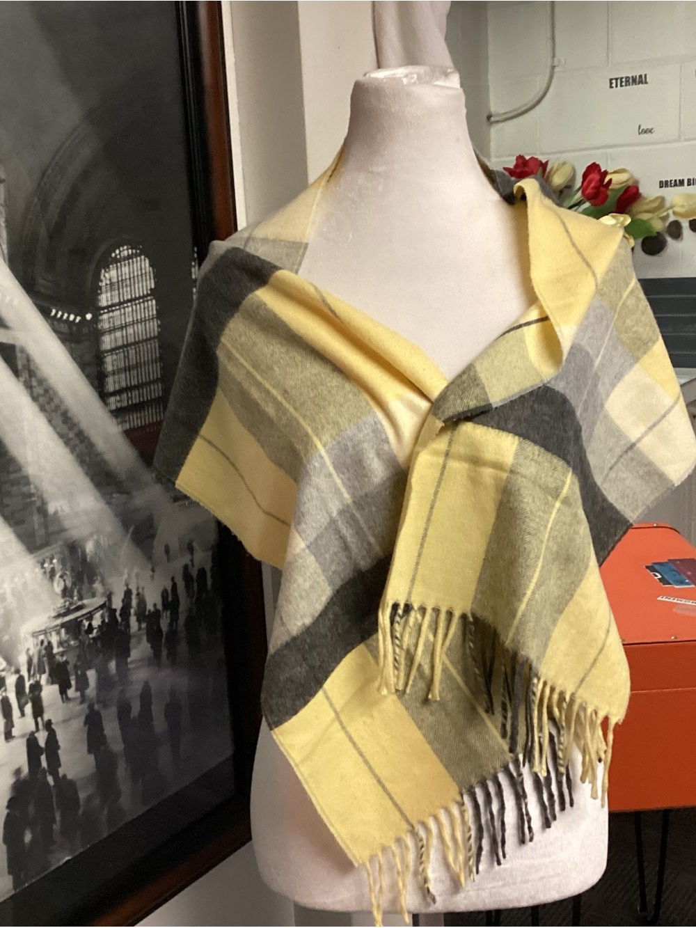Soft Yellow and Gray Plaid Shawl Wrap - Home Accents